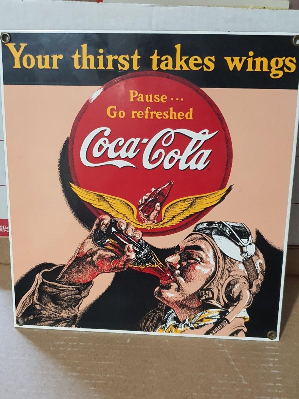 Vntg Coca Cola PORCELAIN COKE SIGN Your Thirst Takes Wings Ande Rooney Aviator